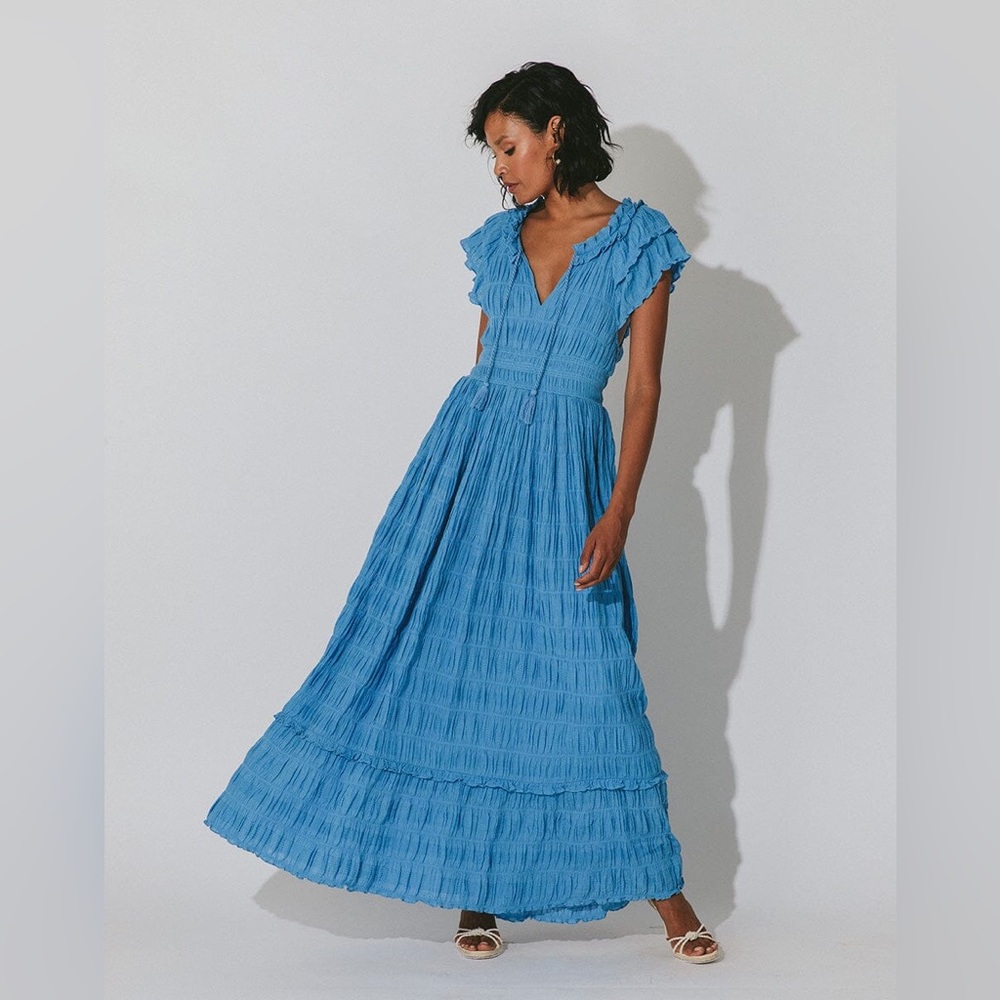 Cleobella Santana Ankle Dress Maxi Sky Blue Size Large Crinkle Cotton